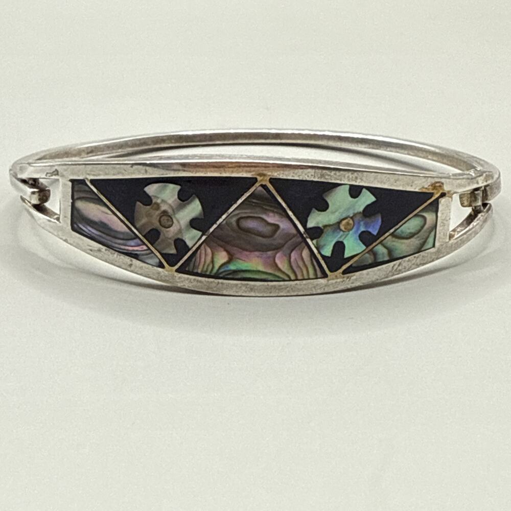 Vtg Silver Alpaca Mexico Mother of Pearl Bracelet Abalone Bangle Mountain Flower